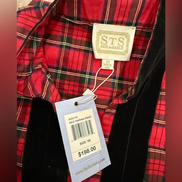 Sail to Sable STS Red Tartan Plaid Velvet Trim Dress XS NWT - Picture 10 of 14